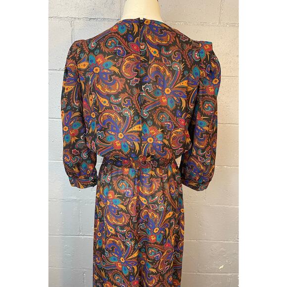 Vintage 1980s Sheer Floral Psychedelic Paisley Blouson Midi Dress Shirt Dress SM - Picture 6 of 10